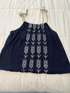 hippie laundry Navy Embroidered Tank Top with Beaded Halter Straps